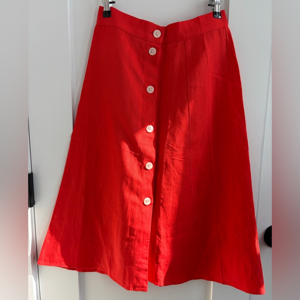 LOFT Women’s Like-New Linen Midi Skirt Button Down Bright Red Size P0